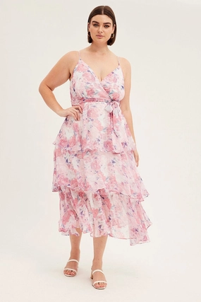 Pink Floral Midi Dress Shoestring Frill Chiffon Print Soft-touch Lace Ease