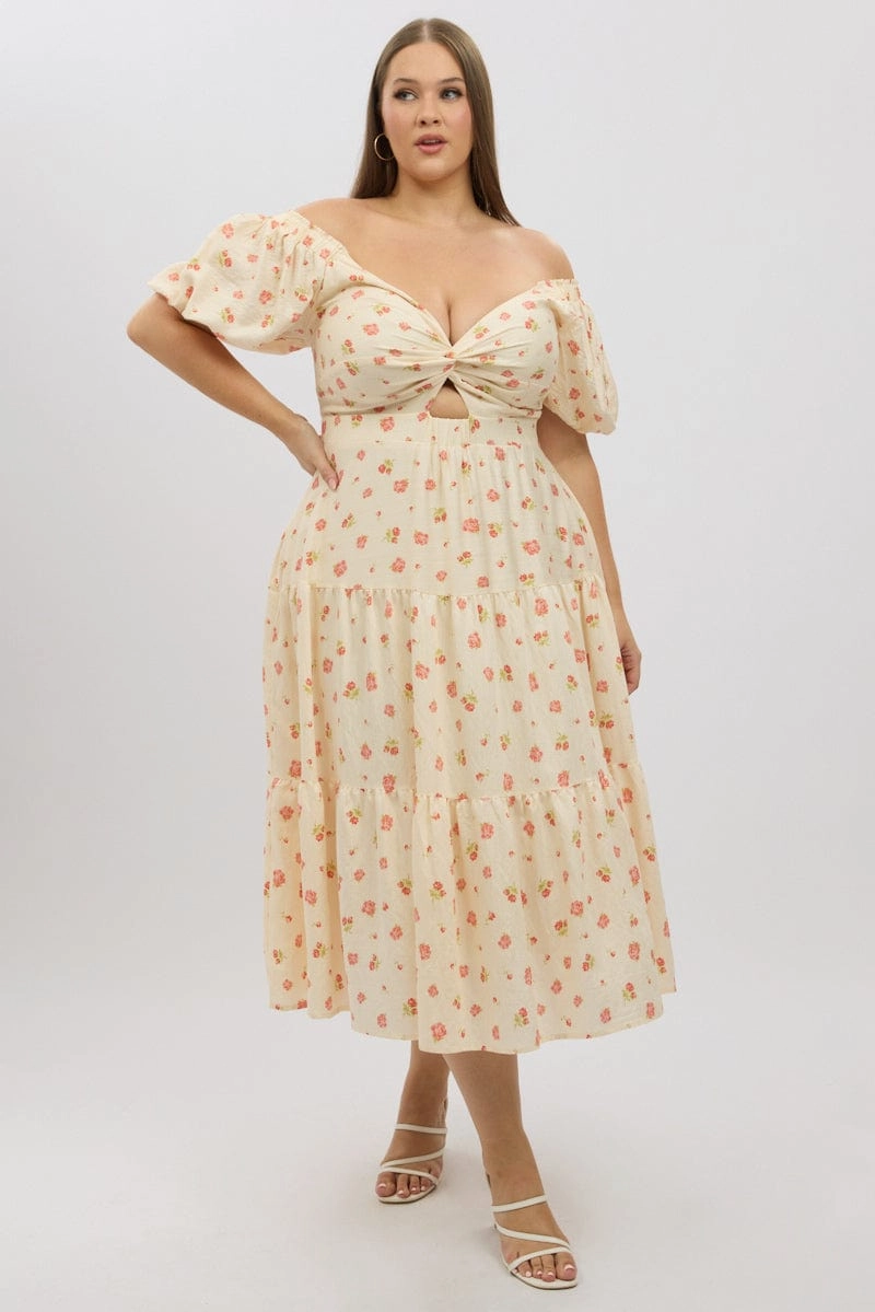 Pink Floral Midi Dress Short Sleeve Floral Twist Front Flattering Style Fit