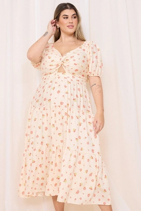 Pink Floral Midi Dress Short Sleeve Floral Twist Front Calm Mood