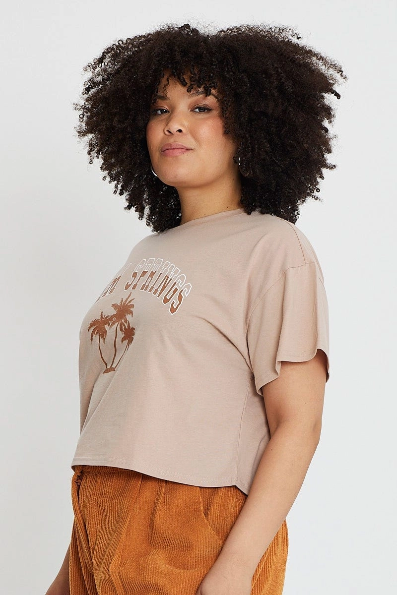 Street Style Essential Layer Pink Graphic T-shirt Palm Springs Crew Neck Cotton