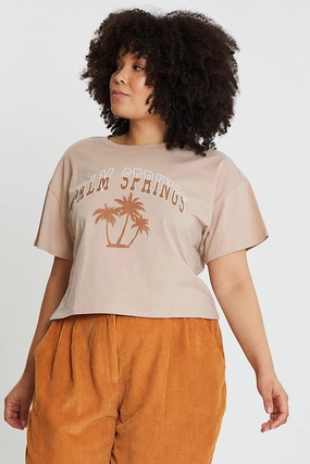 Pink Graphic T-shirt Palm Springs Crew Neck Cotton informal gathering Breathable Layer Fit