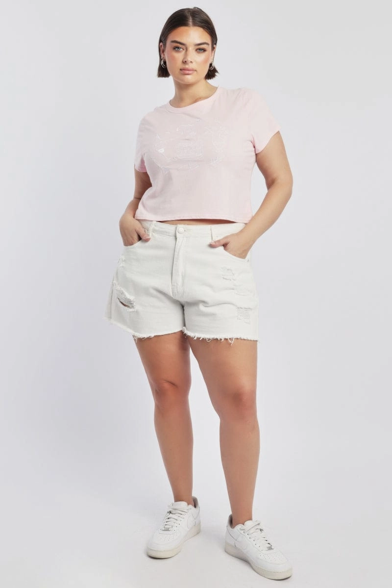 Distressed Hem Finish Pink Graphic T Shirt Short Sleeve Crew Neck