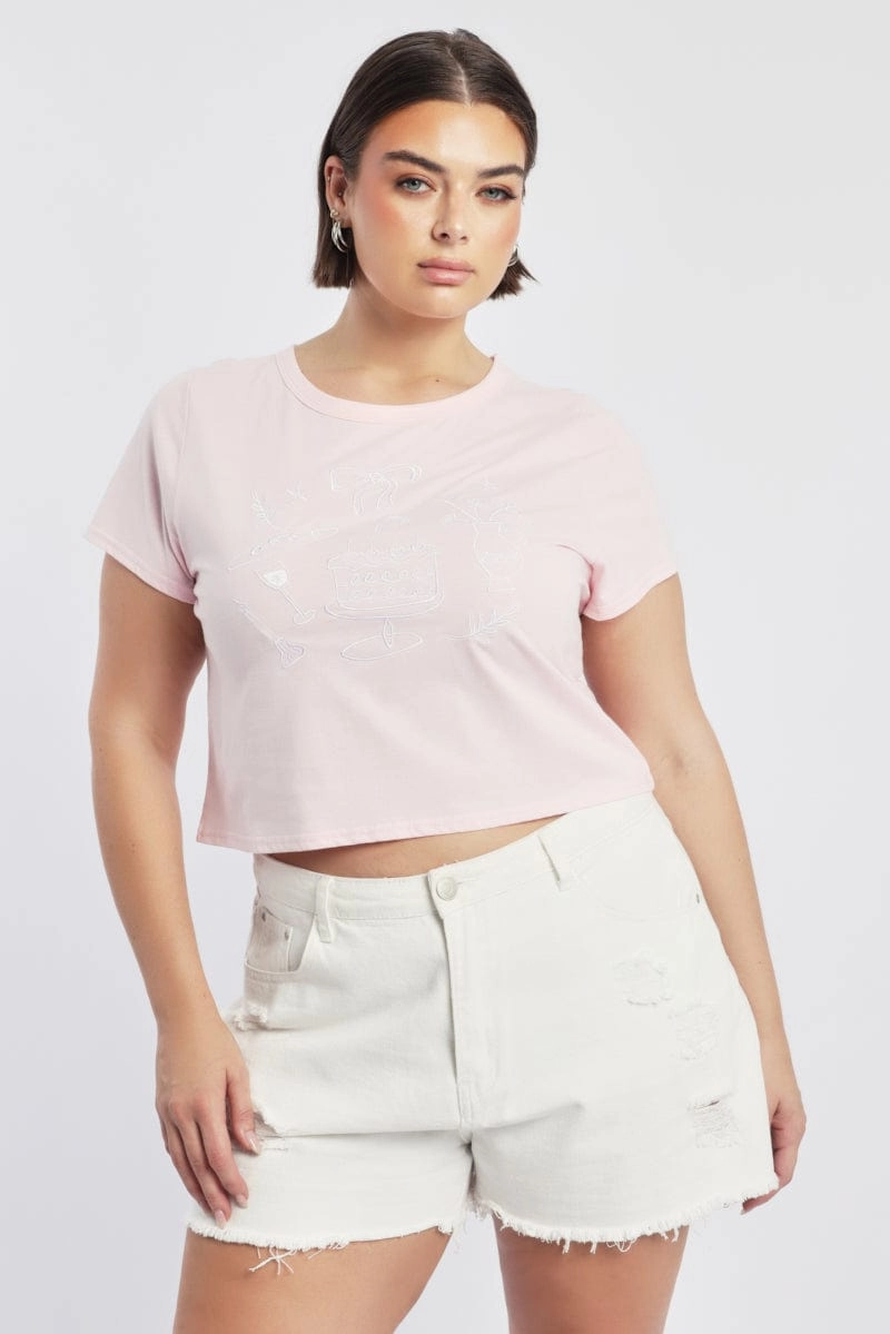 Sporty Style Wear Pink Graphic T Shirt Short Sleeve Crew Neck