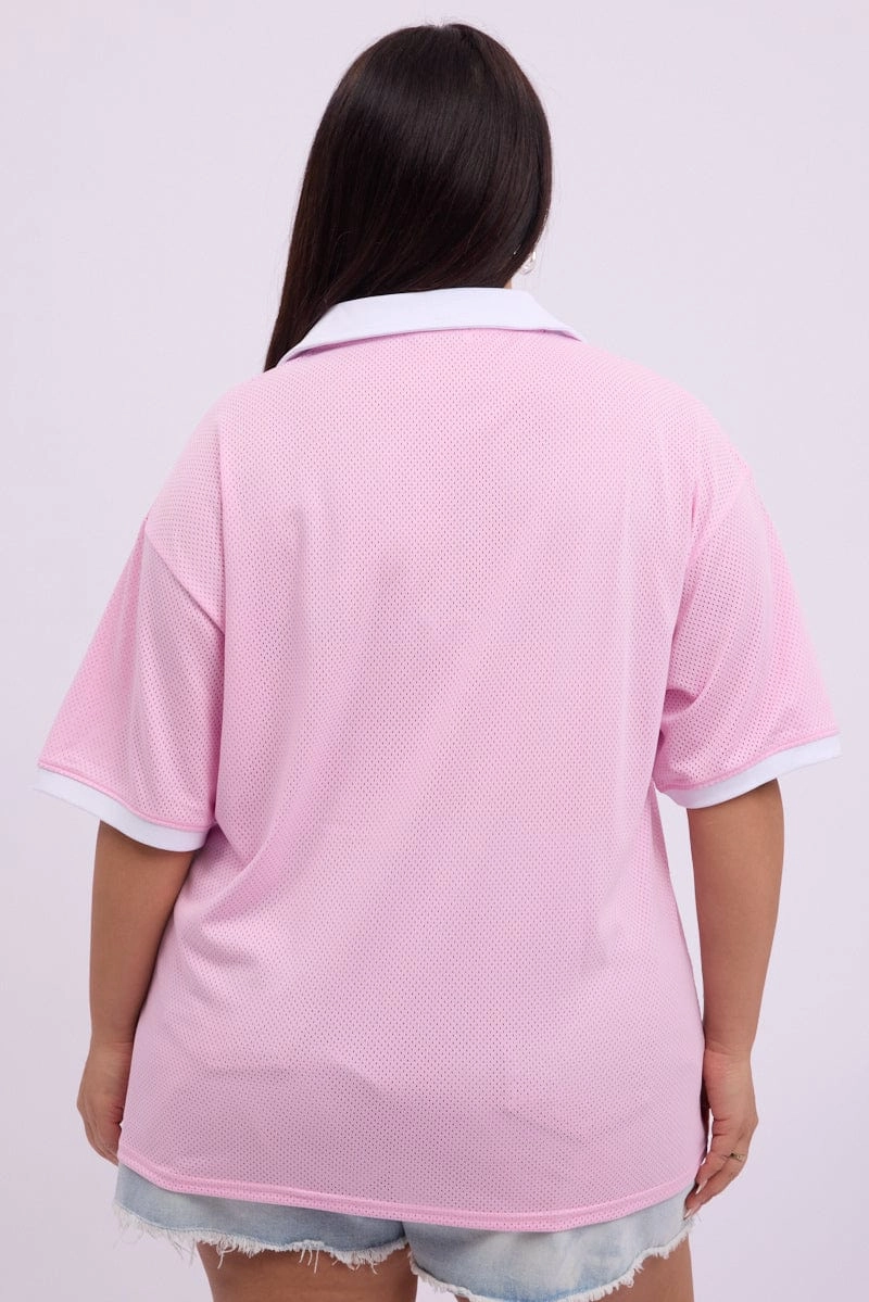 Pink Graphic T Shirt Short Sleeve V Neck Collared Rayon blend Scoop neck