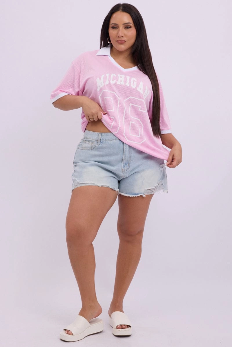 Chilly Weather Style High-Quality Fabric Pink Graphic T Shirt Short Sleeve V Neck Collared