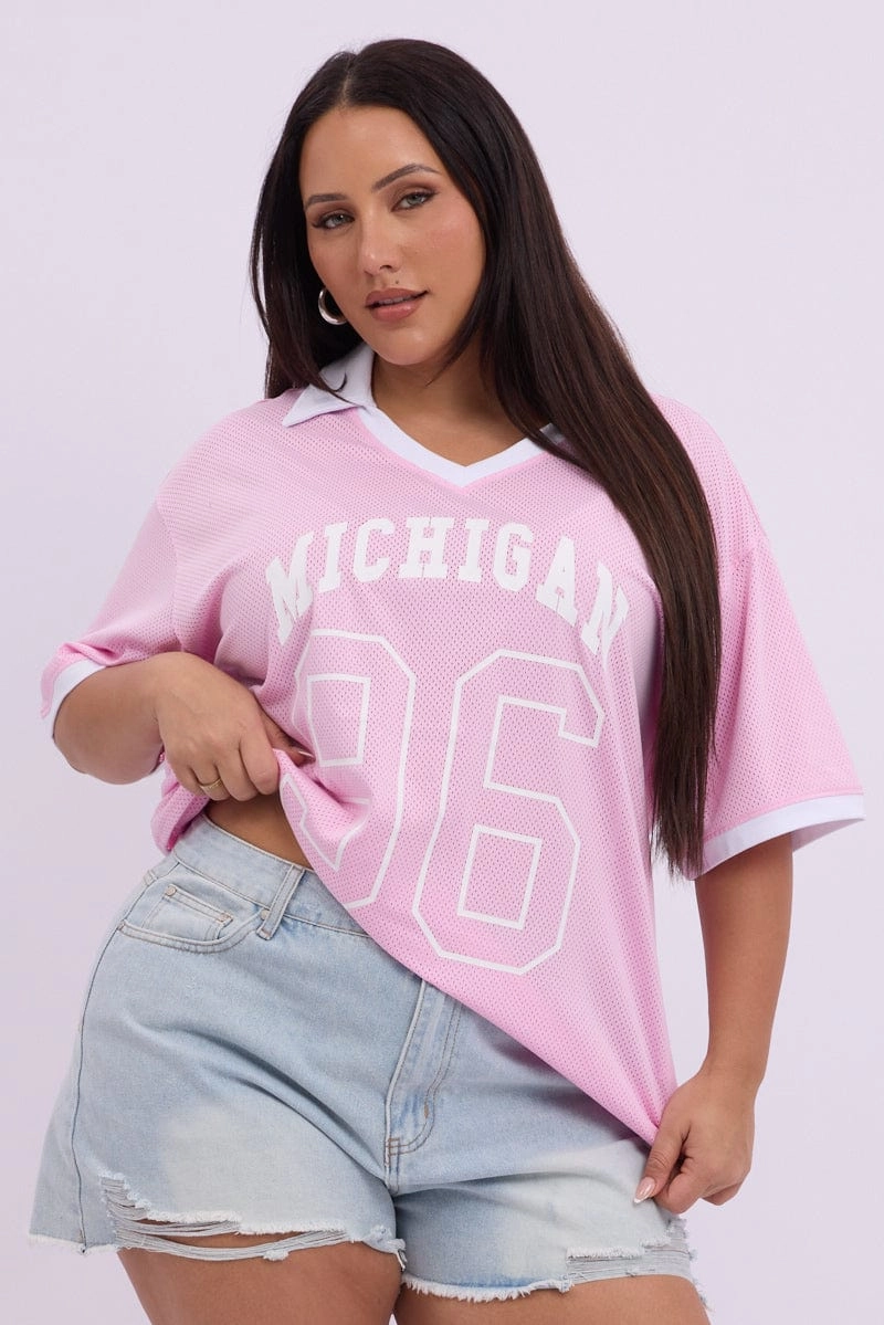 waterproof High-Quality Fabric Pink Graphic T Shirt Short Sleeve V Neck Collared