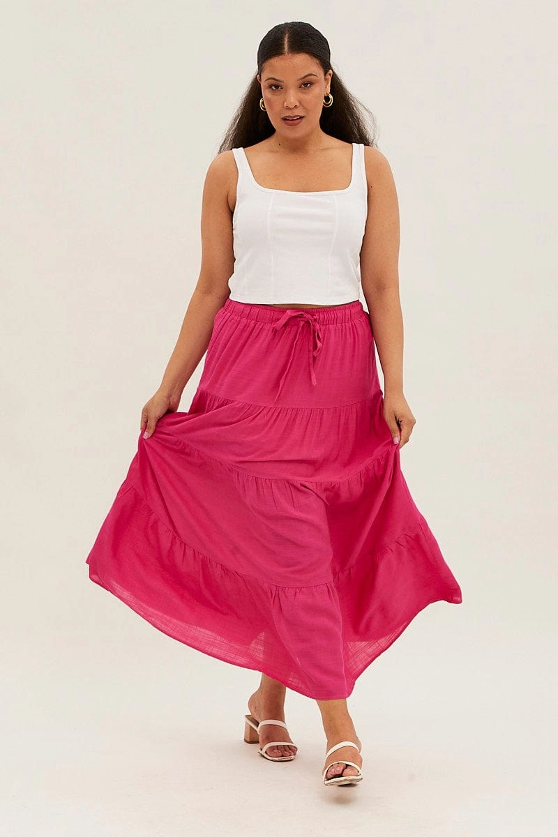Pink Maxi Skirt High Waist Tiered Sporty Edge Hand Painted