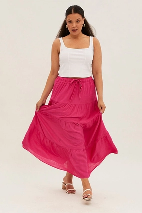 Pink Maxi Skirt High Waist Tiered Sporty Edge Hand Painted