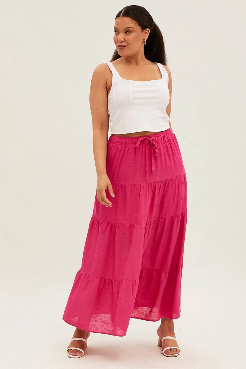 Bamboo Fiber Pink Maxi Skirt High Waist Tiered