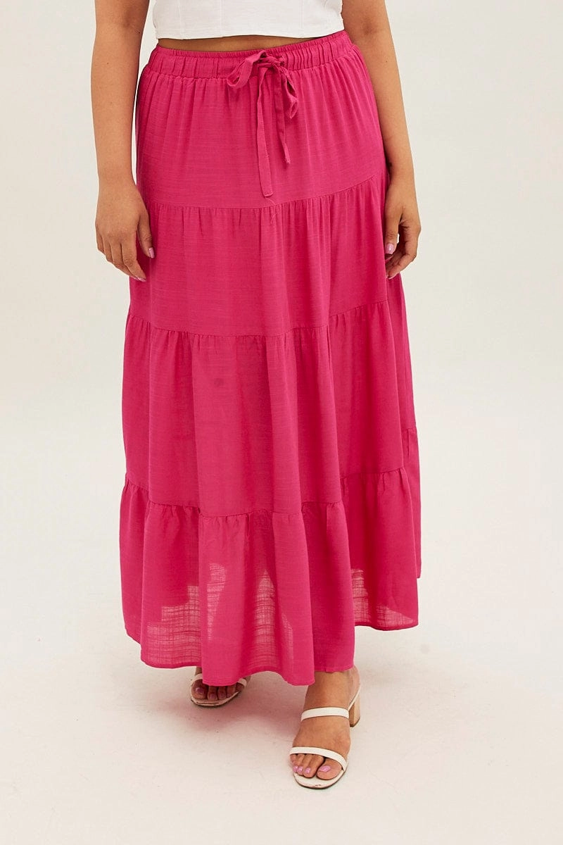 Crisp Details Pink Maxi Skirt High Waist Tiered