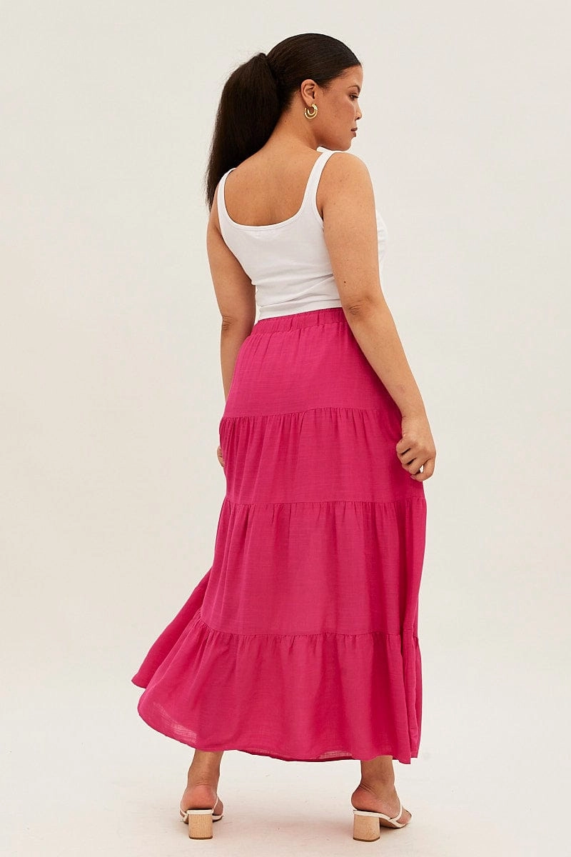 Pink Maxi Skirt High Waist Tiered Tassel accents