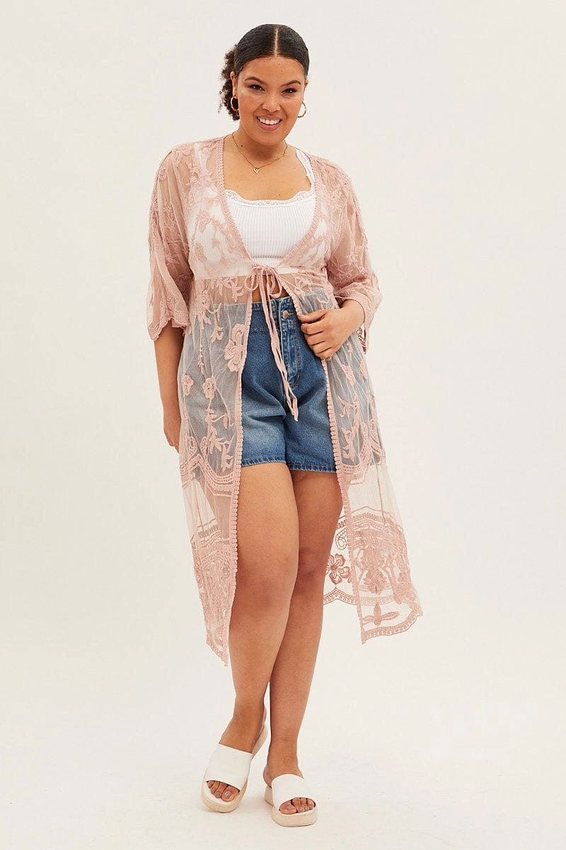 Pink Mesh Kimono Short Sleeve Embroidered Windproof Closure