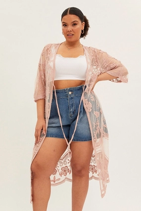 Pink Mesh Kimono Short Sleeve Embroidered Minimalist Design
