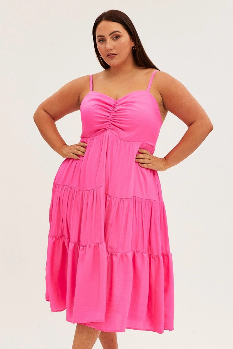 Fashionable Layer Urban Fit Pink Midi Dress Gather Bust Detail Strappy Matte Satin