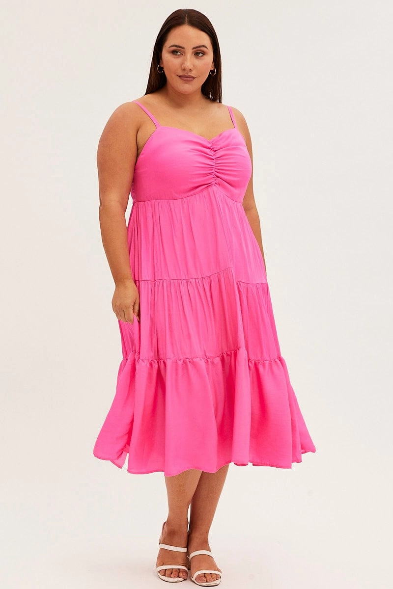 Floral Swing Comfortable casual dress Pink Midi Dress Gather Bust Detail Strappy Matte Satin