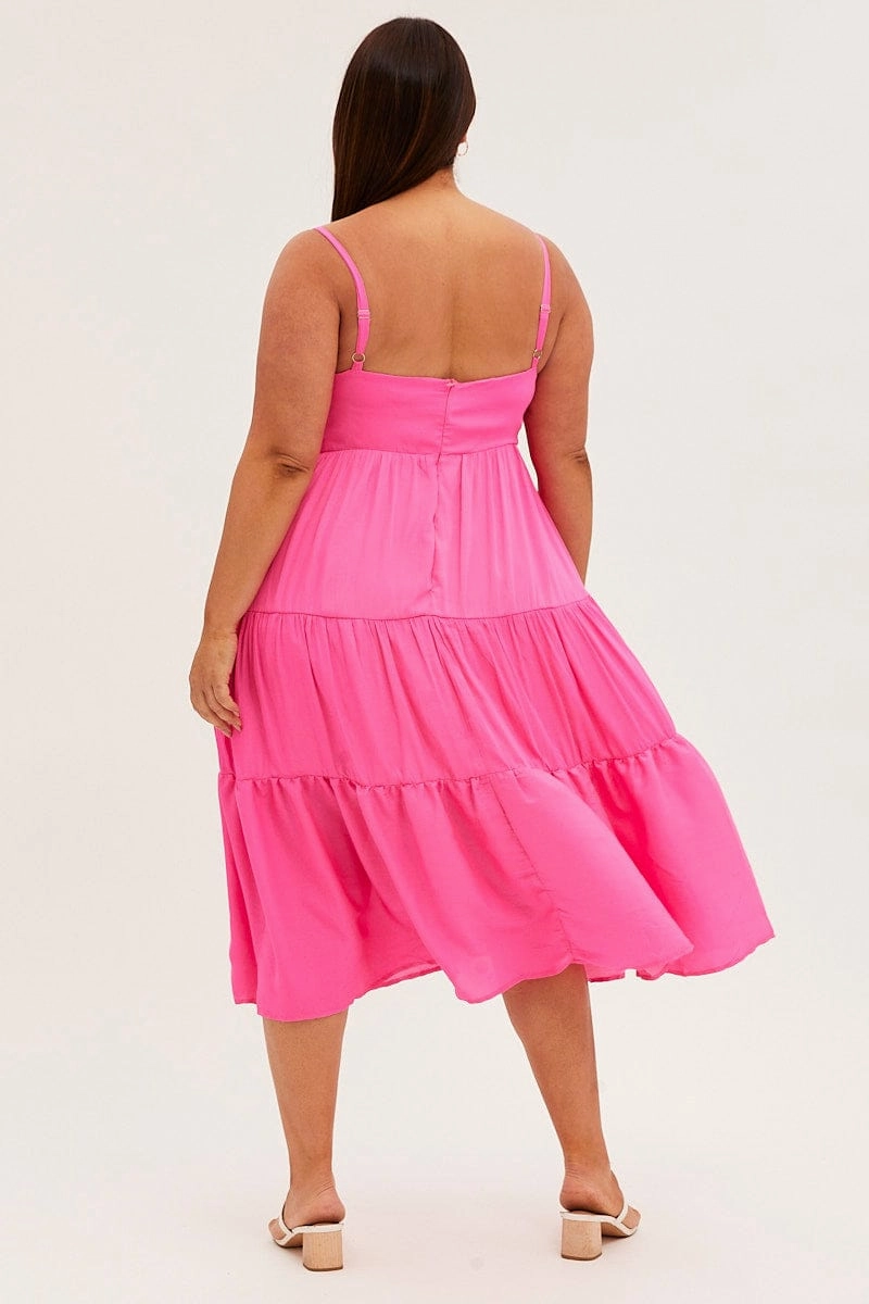 Smooth Fit Fitted Design Pink Midi Dress Gather Bust Detail Strappy Matte Satin