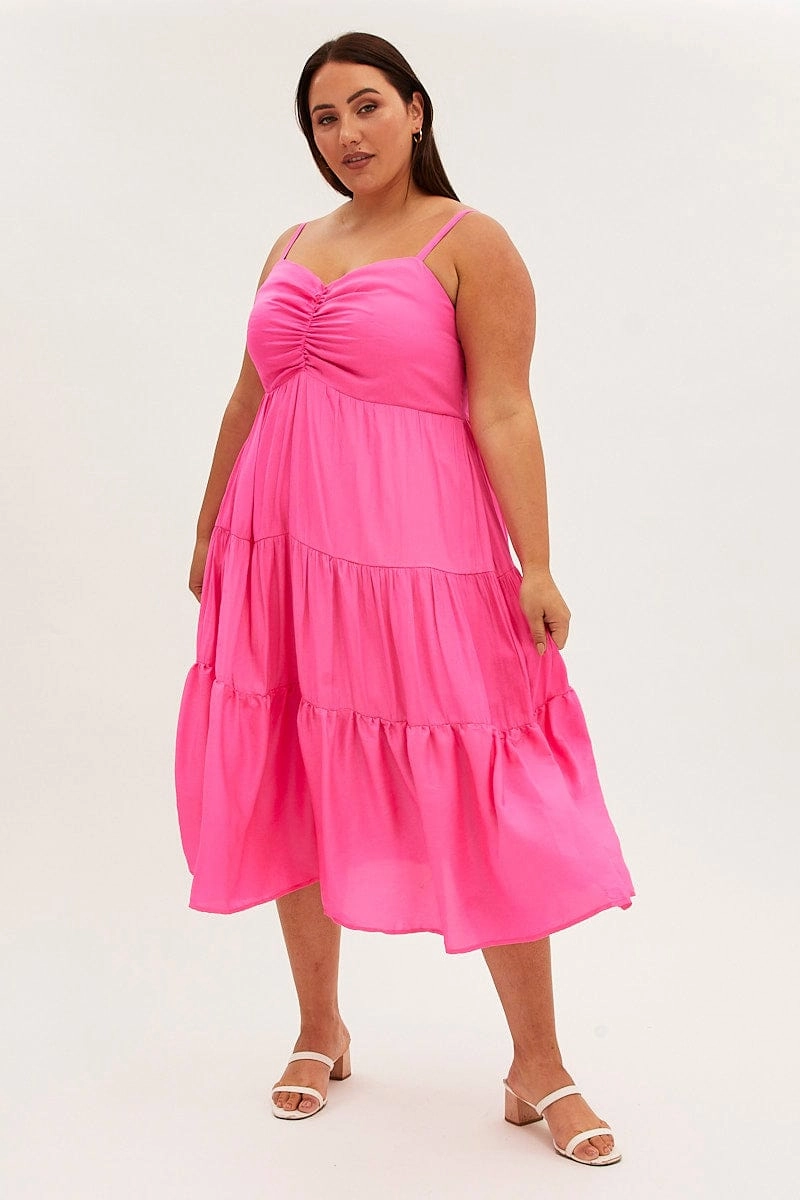 Pink Midi Dress Gather Bust Detail Strappy Matte Satin Casual-Look Breathable