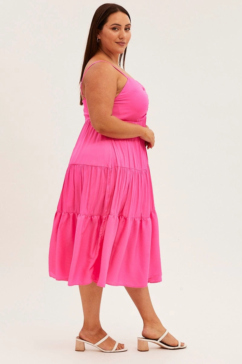 Pink Midi Dress Gather Bust Detail Strappy Matte Satin Repair-Friendly
