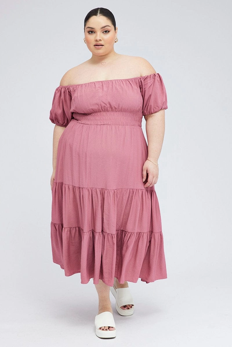Pink Midi Dress Off Shoulder Elastic Waist Puff Sleeve Relaxed Waistband