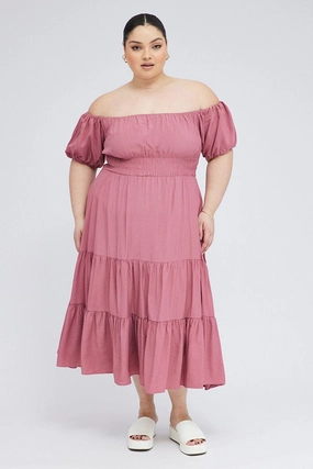 Inner Feel Pink Midi Dress Off Shoulder Elastic Waist Puff Sleeve