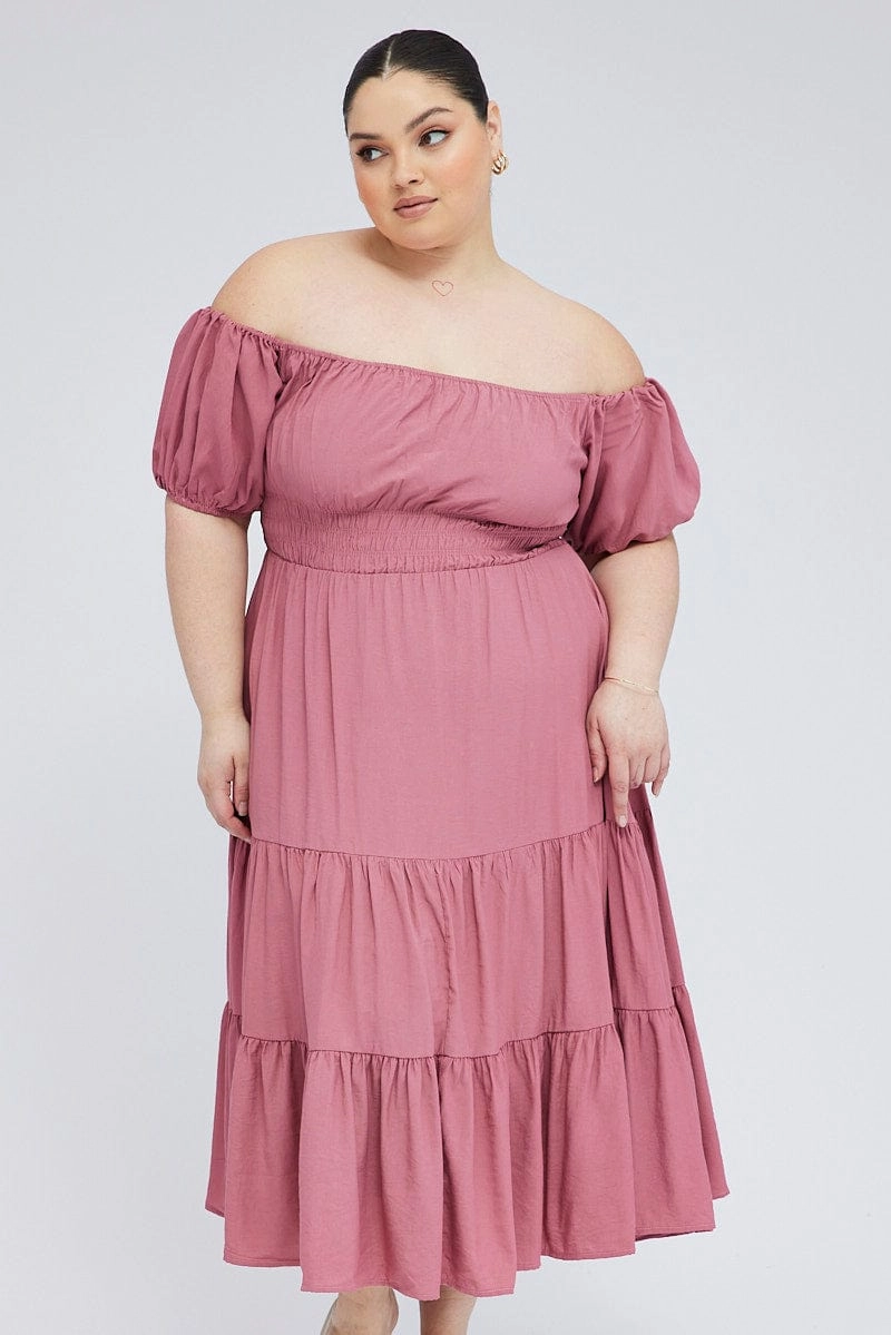Summer Fashion Pink Midi Dress Off Shoulder Elastic Waist Puff Sleeve