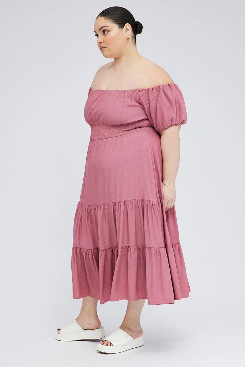 Pink Midi Dress Off Shoulder Elastic Waist Puff Sleeve Brunch Fit Comfortable Cut