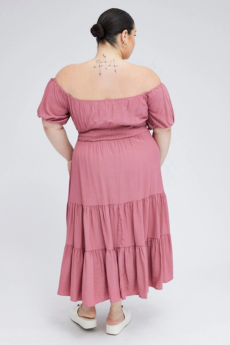 Pink Midi Dress Off Shoulder Elastic Waist Puff Sleeve Flattering Layers Pure Shape