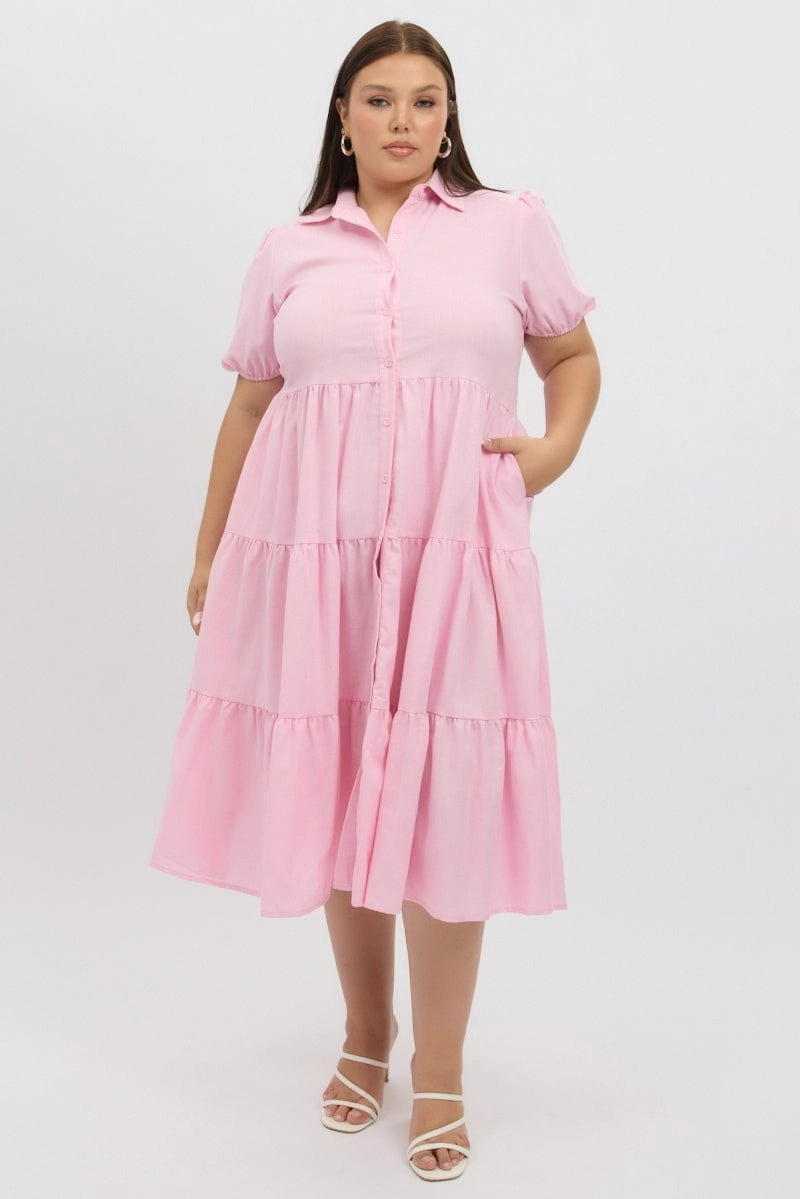 Pink Midi Dress Short Sleeve Shirt Tailored Waistband