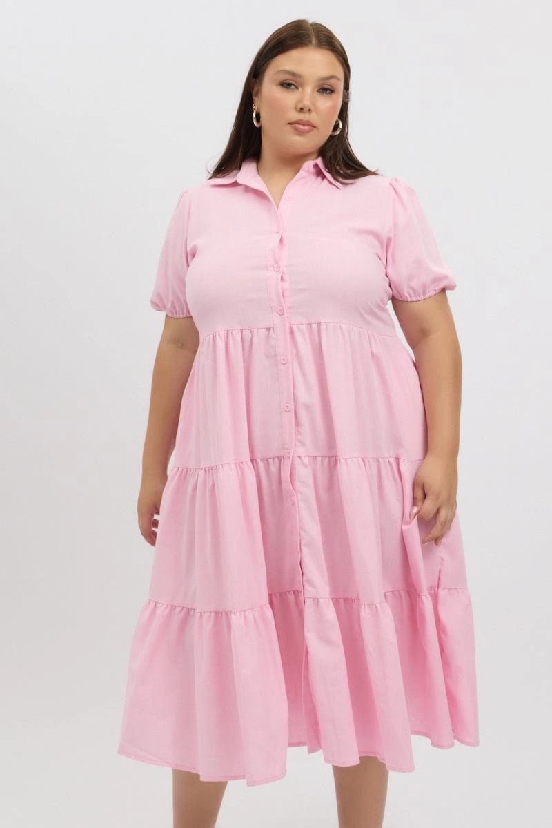 Pink Midi Dress Short Sleeve Shirt All-season garment Relax Motion