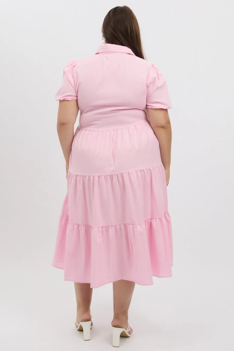 Pink Midi Dress Short Sleeve Shirt Fall Comfort