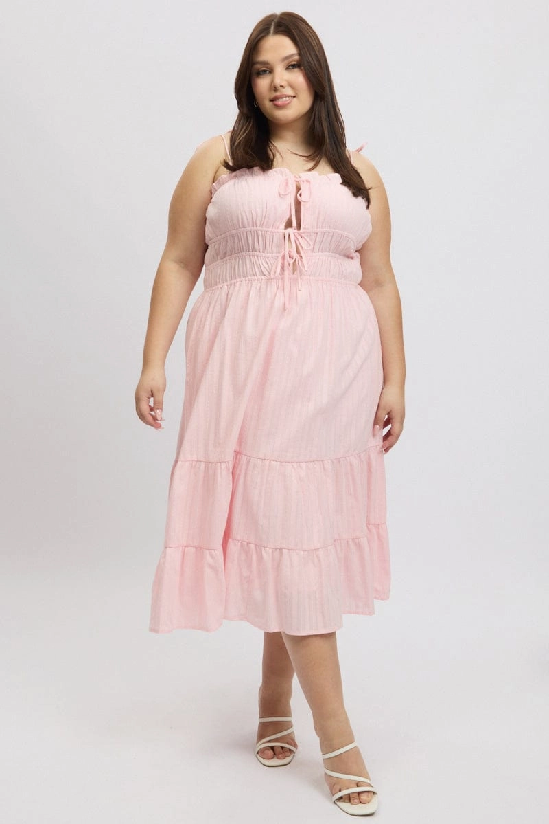 Pink Midi Dress Sleeveless Tie Front Tiered Textured Quilted-Texture