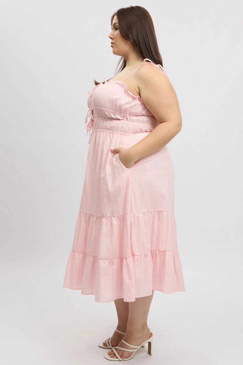 Pink Midi Dress Sleeveless Tie Front Tiered Textured Sophisticated Wear
