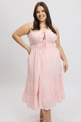 Bright Feel Pink Midi Dress Sleeveless Tie Front Tiered Textured
