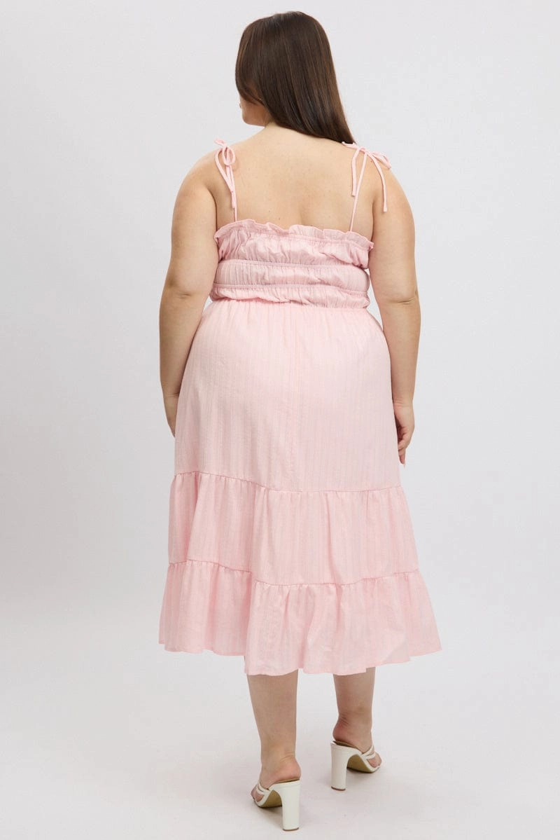 Trendy Vibes Pink Midi Dress Sleeveless Tie Front Tiered Textured