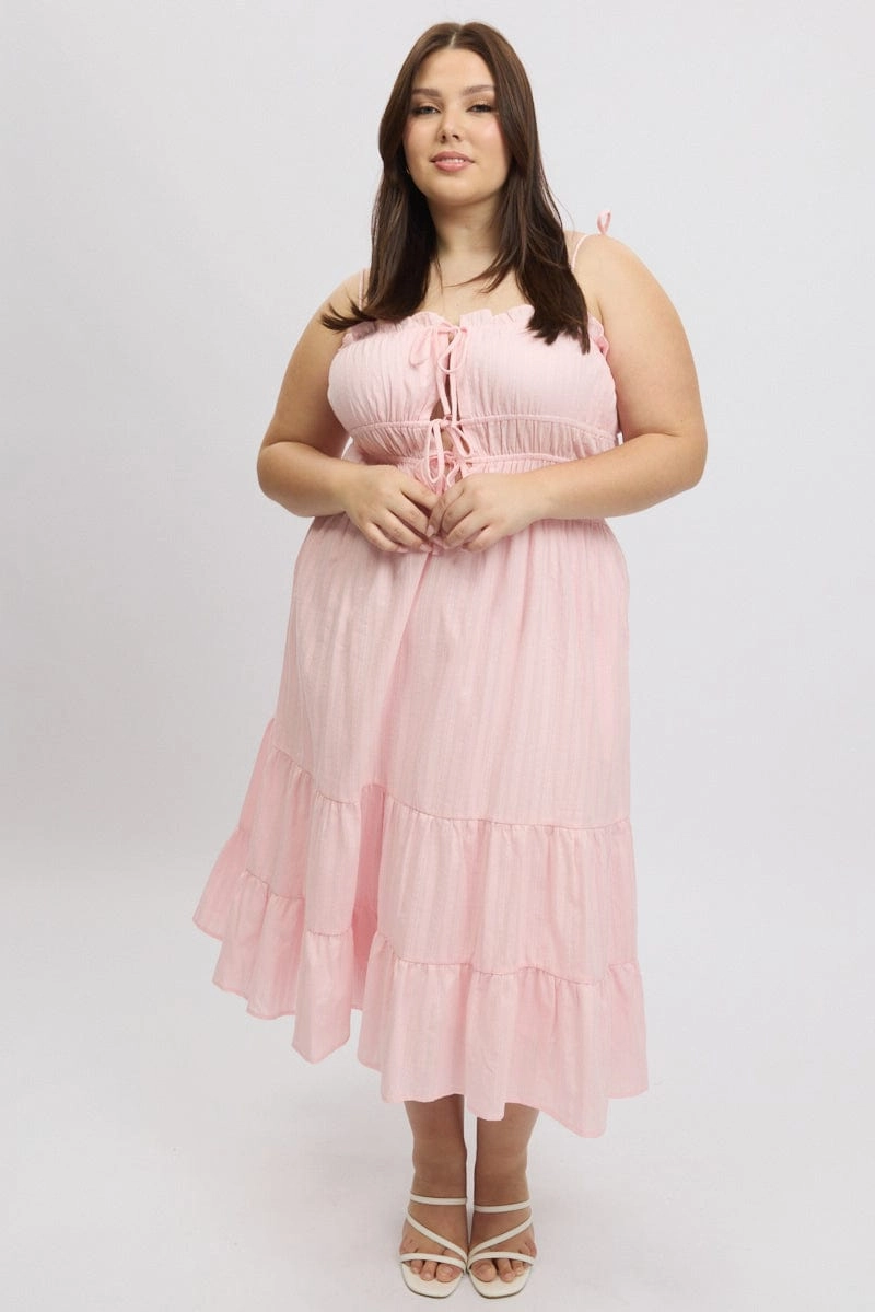 Pink Midi Dress Sleeveless Tie Front Tiered Textured Tailored Layers