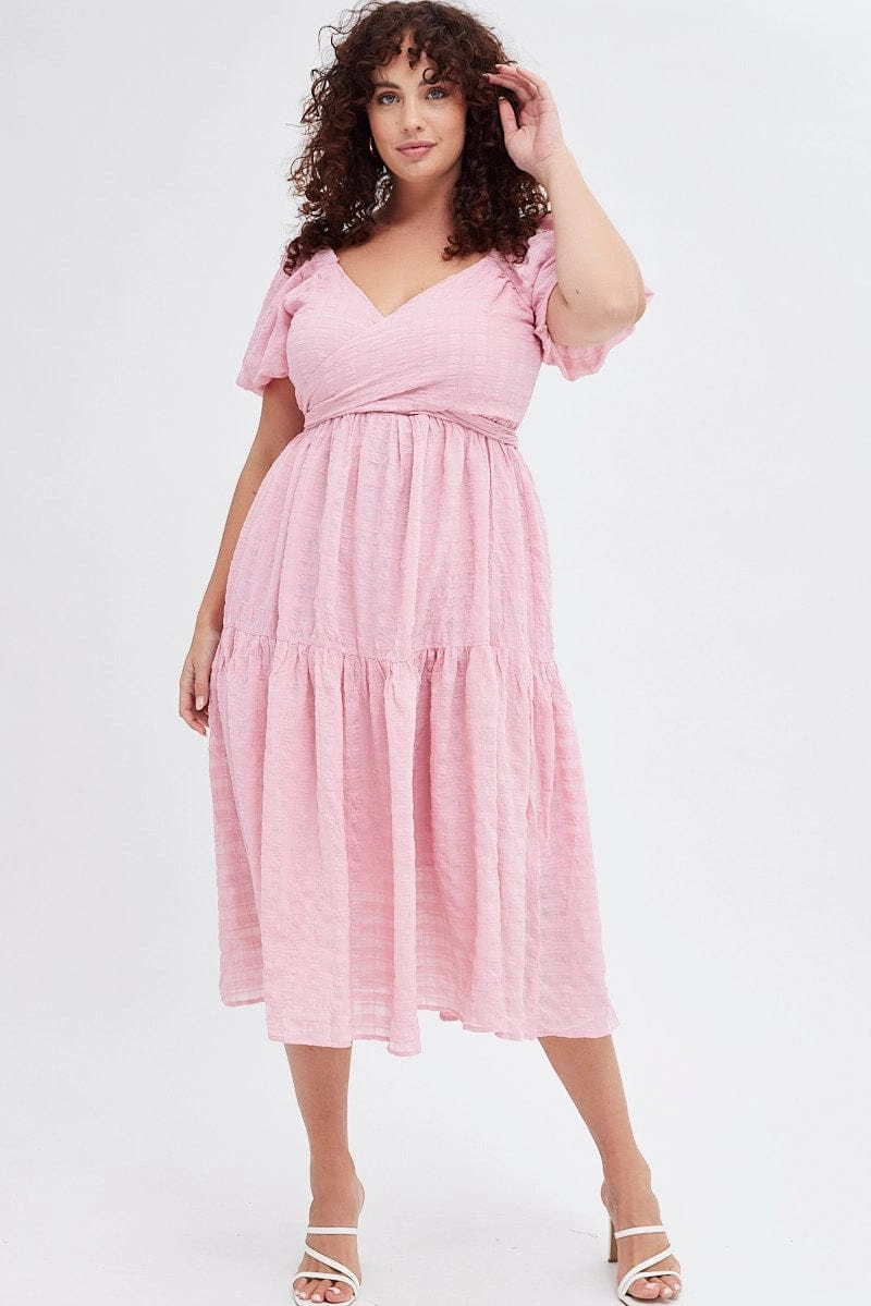 Sleek Texture Pink Midi Dress Textured Cross Front