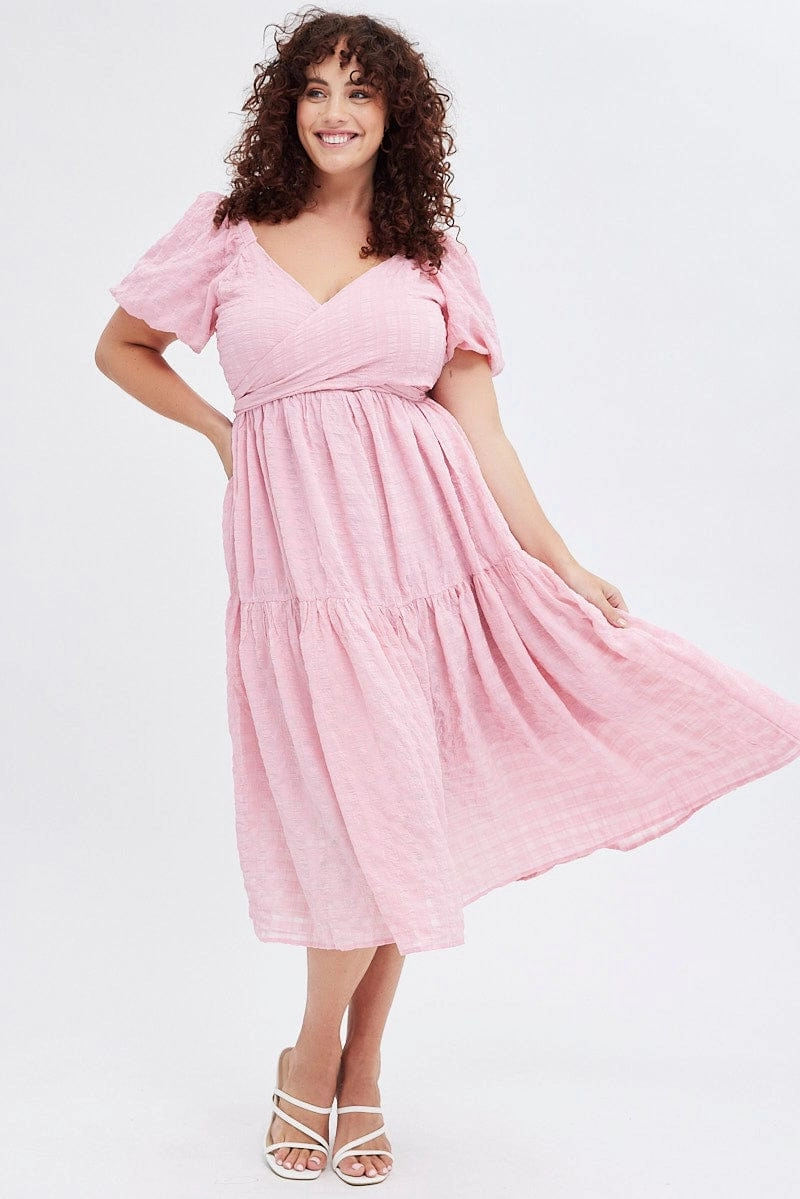 Elegant Piece Pink Midi Dress Textured Cross Front