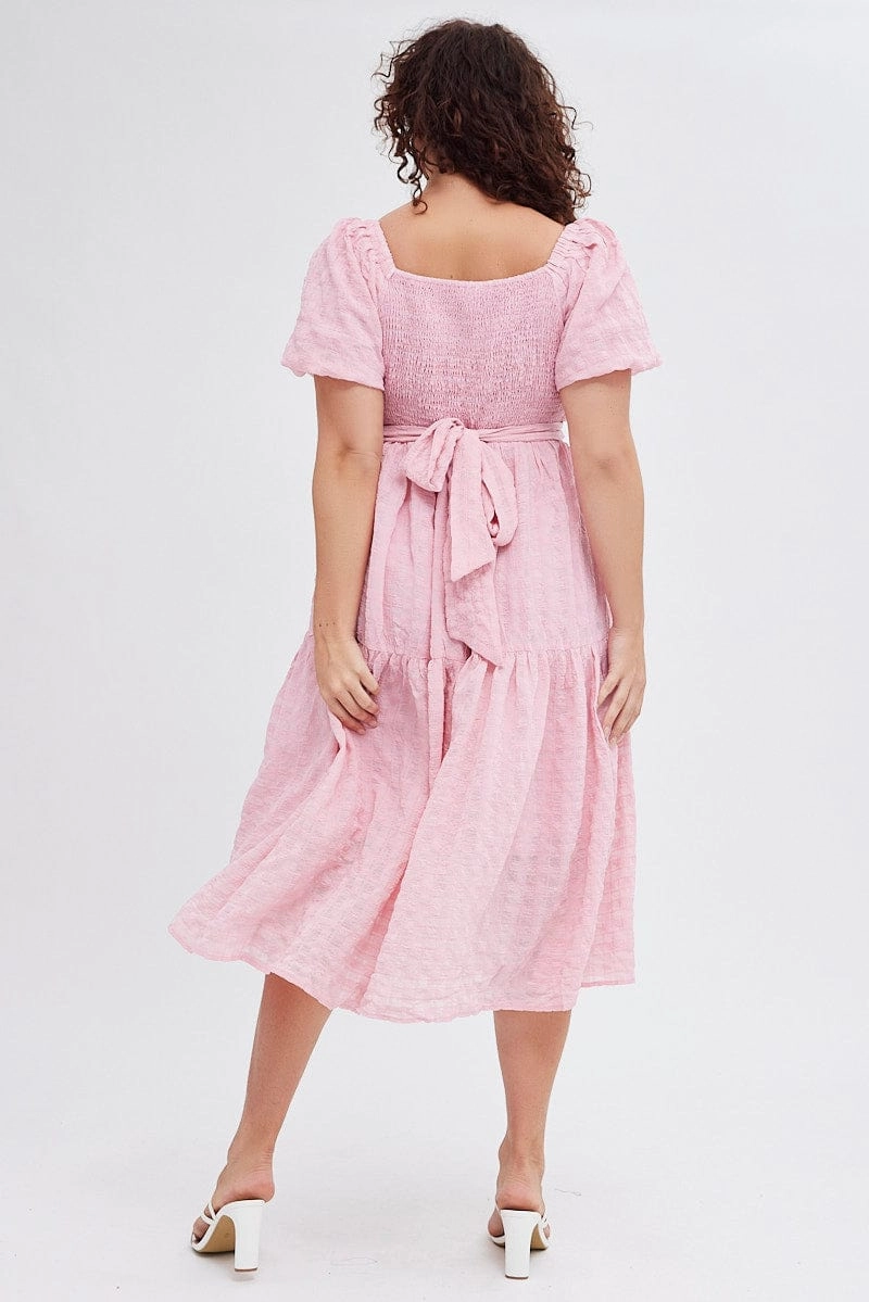 slim fit Easy Elegance Pink Midi Dress Textured Cross Front