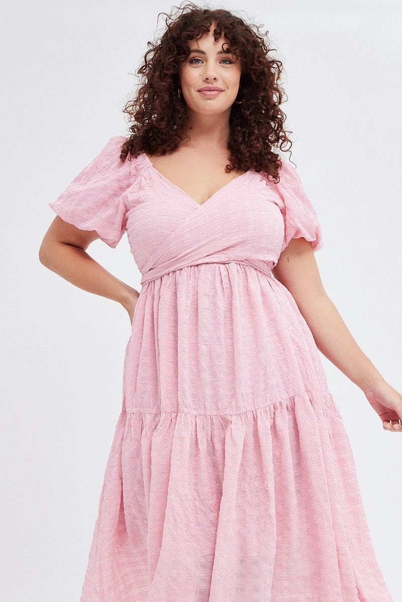 Pink Midi Dress Textured Cross Front Delicate Tone Bright bold dress