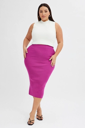 Pink Midi Skirt Rib Knit Layered Hem Thermal Regulating