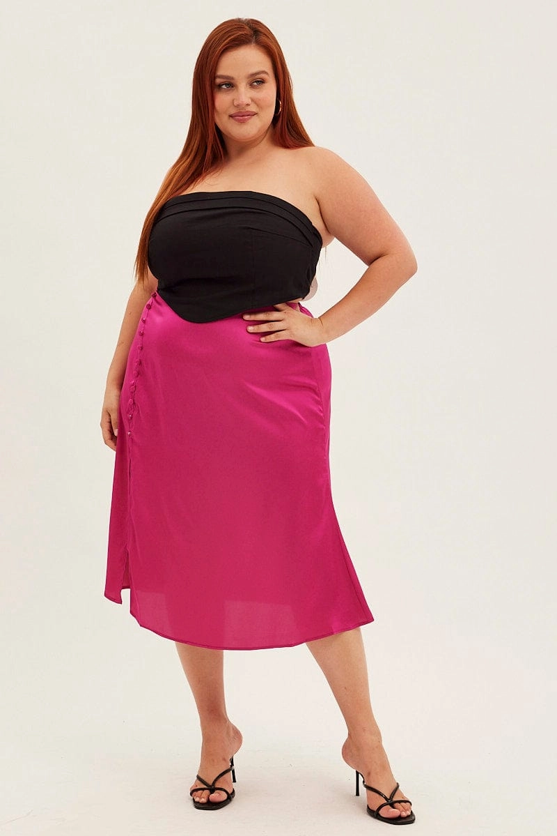 Pink Midi Skirt Satin Slip With Button Detail Odor Resistant Treatment