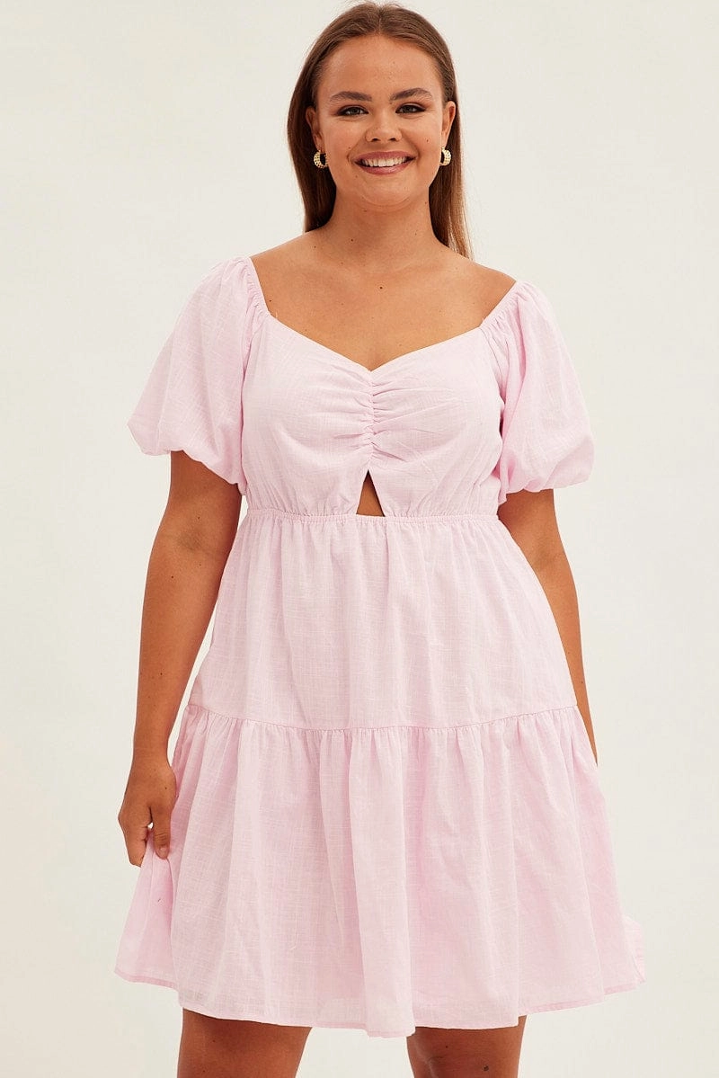 Pink Mini Dress Short Sleeve Keyhole Cotton Velvet-Touch Playful design piece