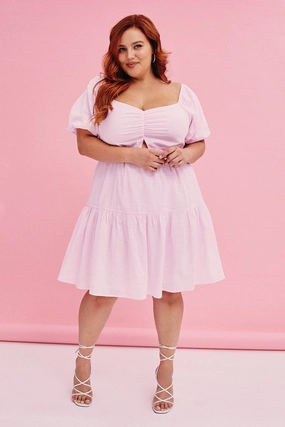 Smooth-Finish Pink Mini Dress Short Sleeve Keyhole Cotton