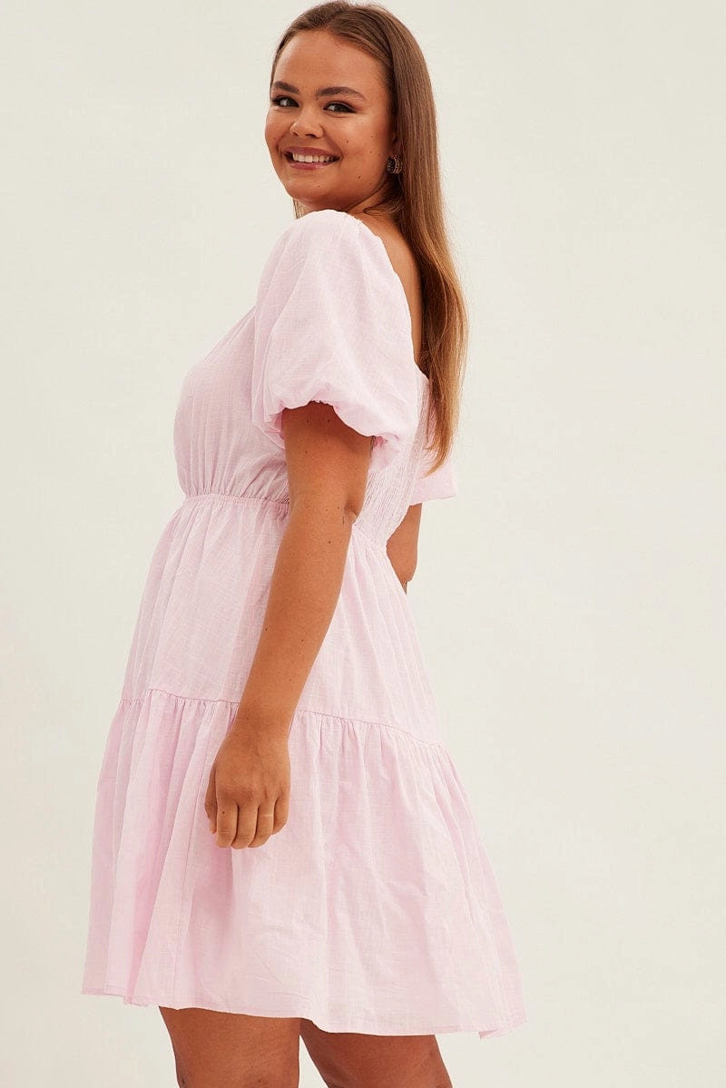 Pink Mini Dress Short Sleeve Keyhole Cotton Comfy Layers
