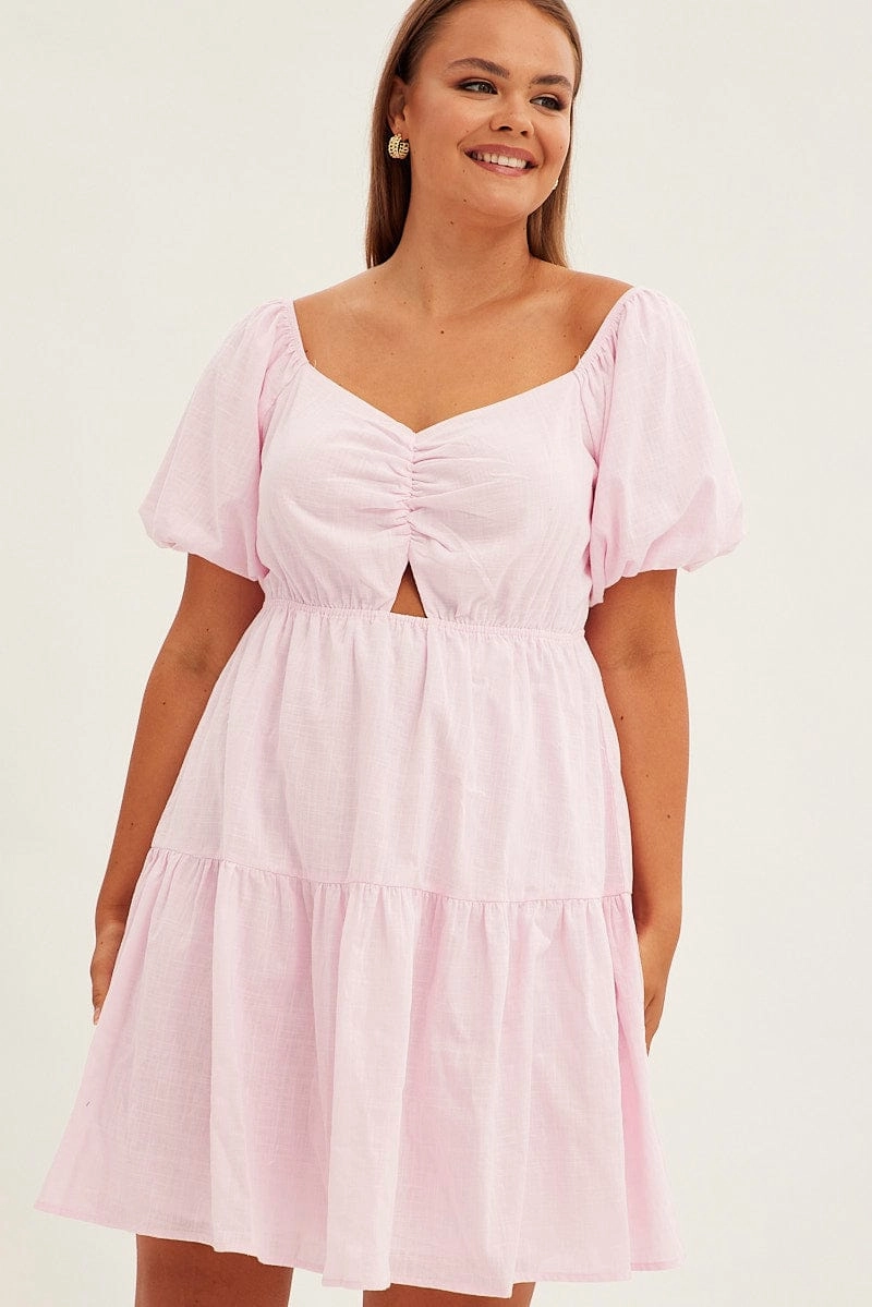 Layered Look Pink Mini Dress Short Sleeve Keyhole Cotton