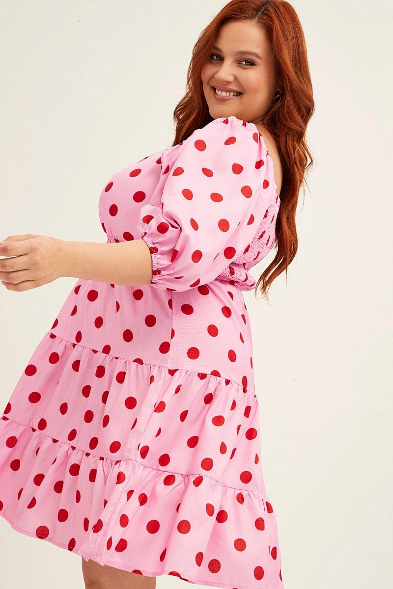 Essential Style Bishop-Sleeve Pink Polka Dot Mini Dress Puff Sleeve Gather Front Peephole