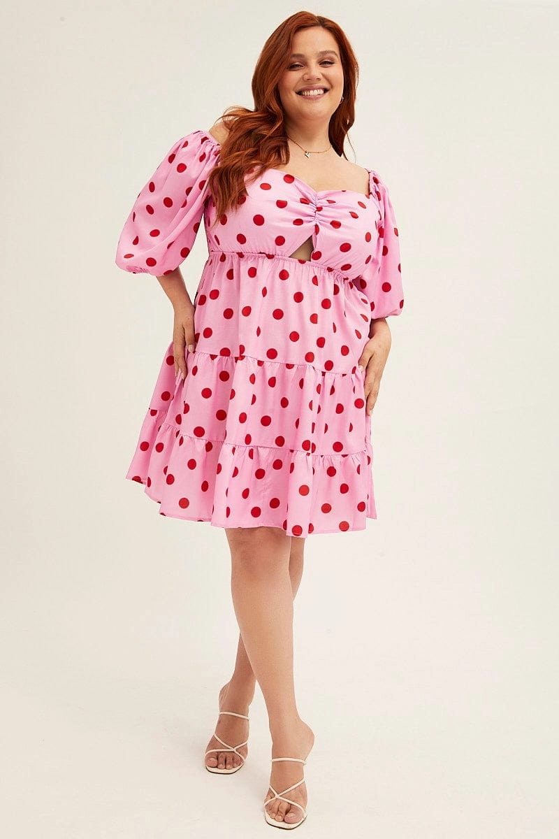 Pink Polka Dot Mini Dress Puff Sleeve Gather Front Peephole Perfect Wearable