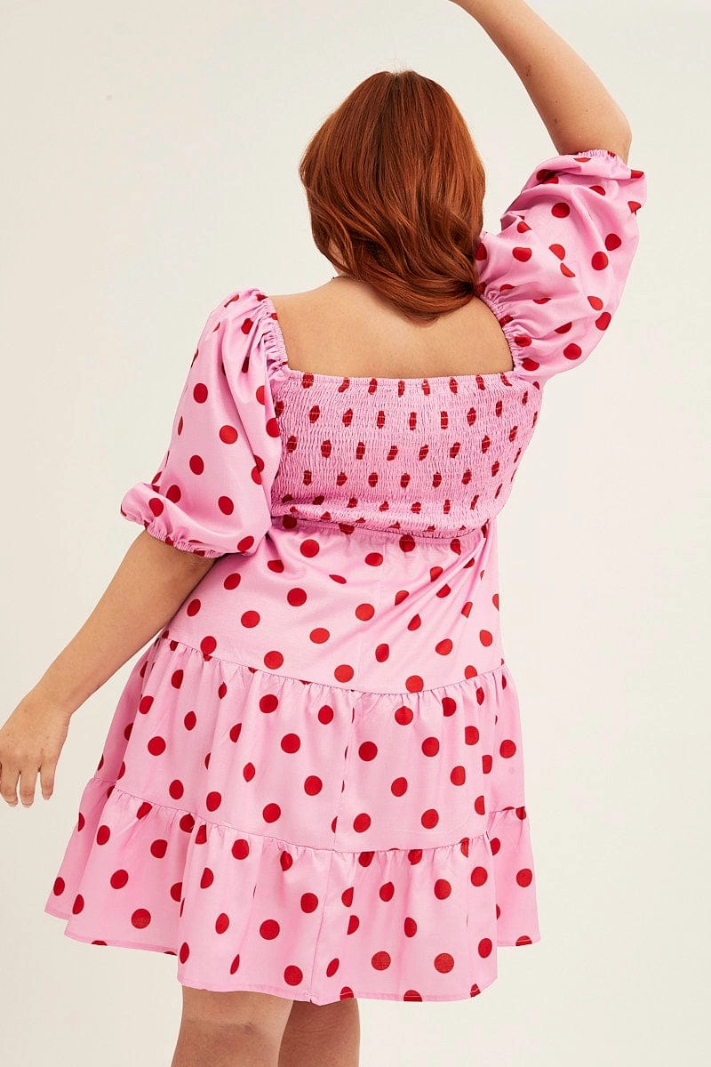 Bold colors Comfortable Layering Pink Polka Dot Mini Dress Puff Sleeve Gather Front Peephole