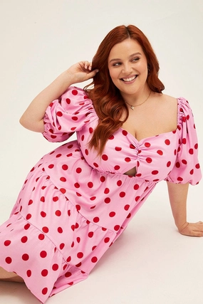 Pink Polka Dot Mini Dress Puff Sleeve Gather Front Peephole TemperatureRegulatingFabric