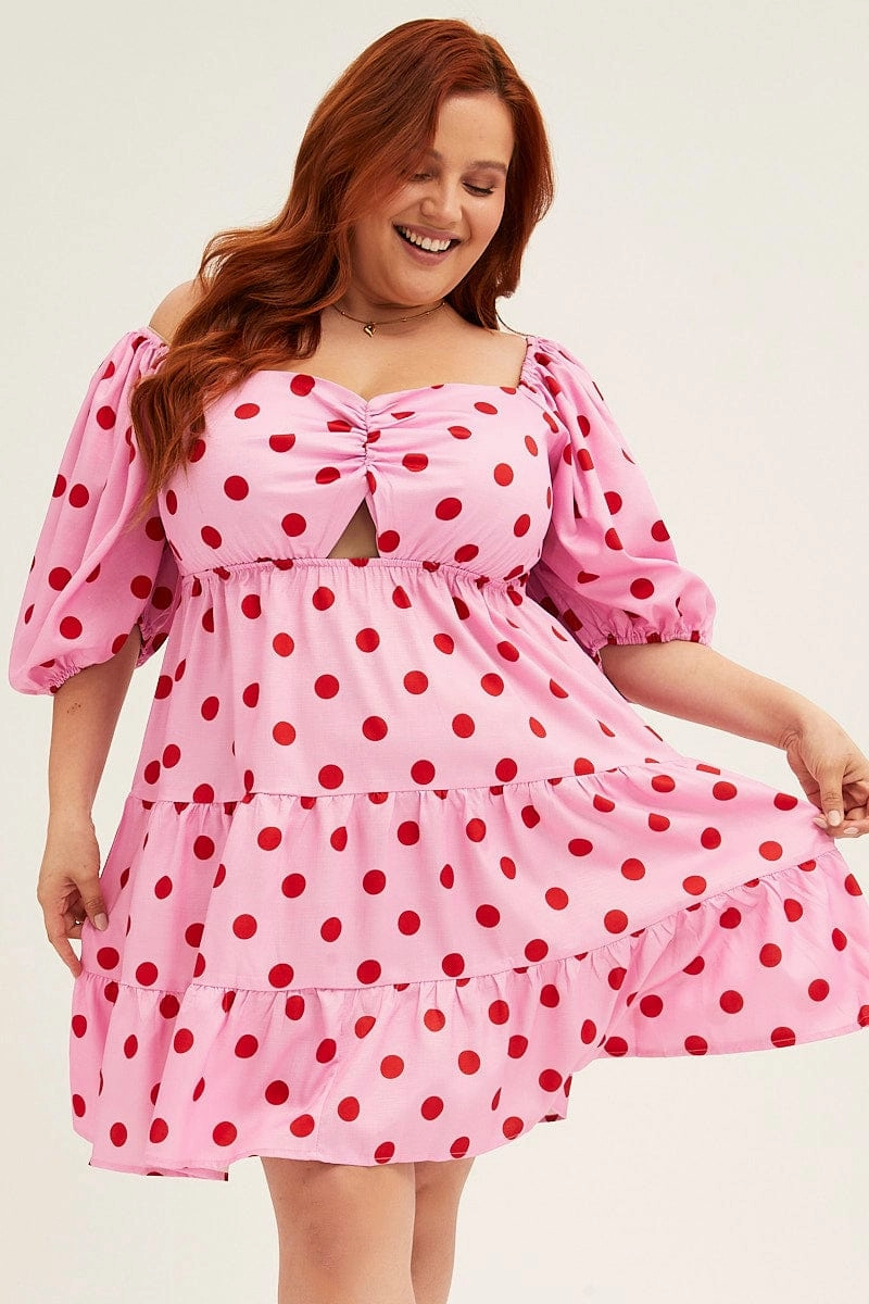 Everyday Comfort Wear Basic Warm Pink Polka Dot Mini Dress Puff Sleeve Gather Front Peephole